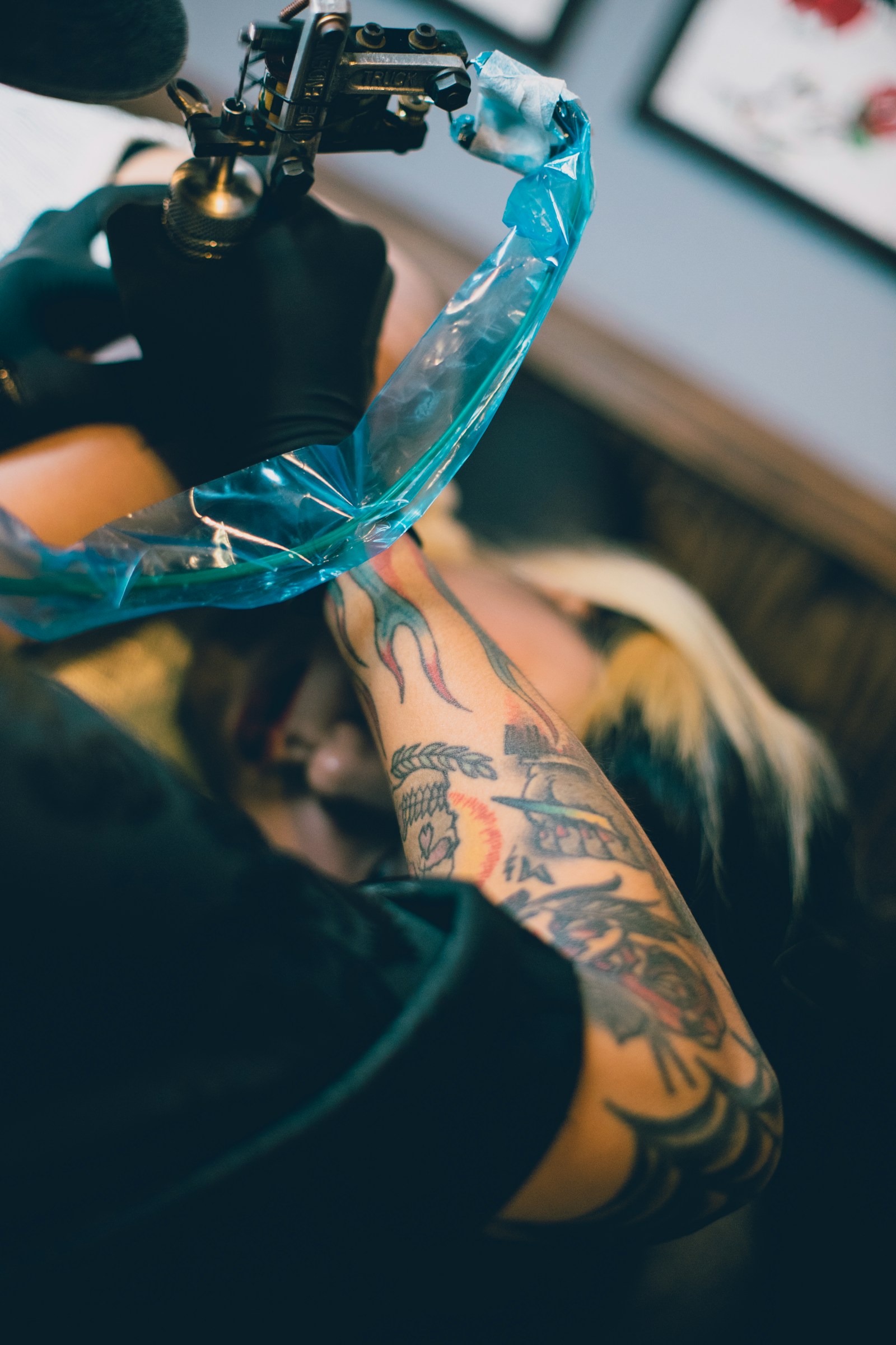 Precision tattoo machine needle setup for touch up at The Road Ink Tattoo Kuta